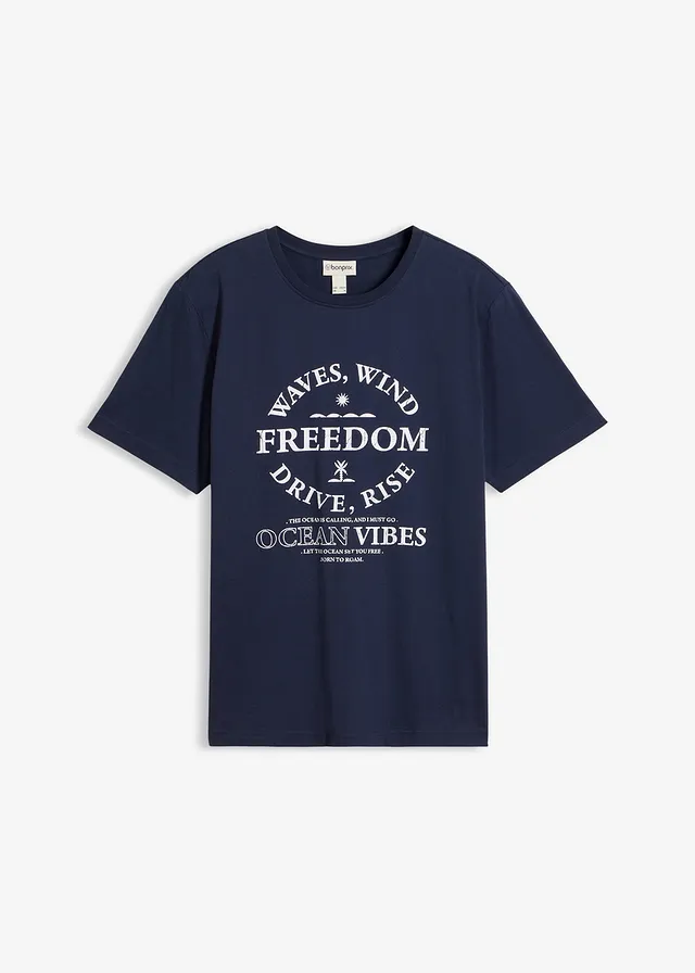 T-shirt z czystej bawełny organicznej • granatowy z nadrukiem • sklep bonprix