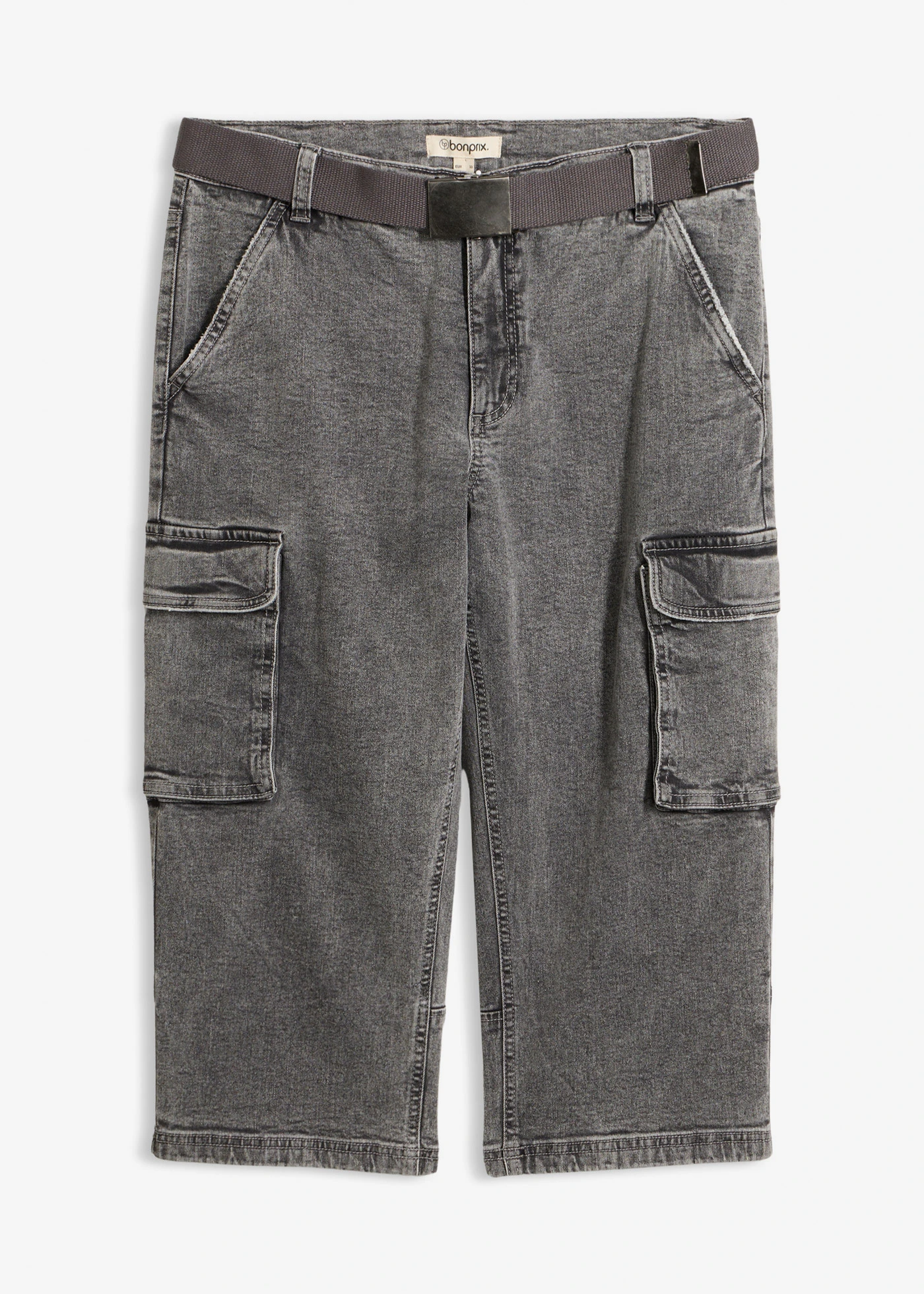 Jeansy bojówki 3/4 ze stretchem i paskiem, relaxed fit • jasnoszary denim • sklep bonprix