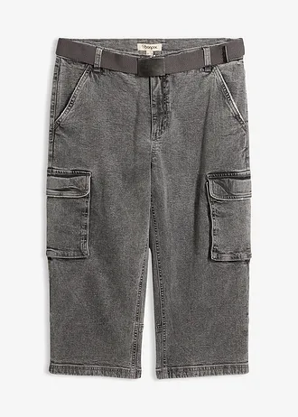 Jean 3/4 extensible avec poches cargo et ceinture, coupe loose, Couleur: gris clair denim