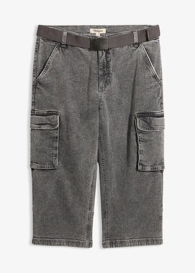 Jean 3/4 extensible avec poches cargo et ceinture, coupe loose