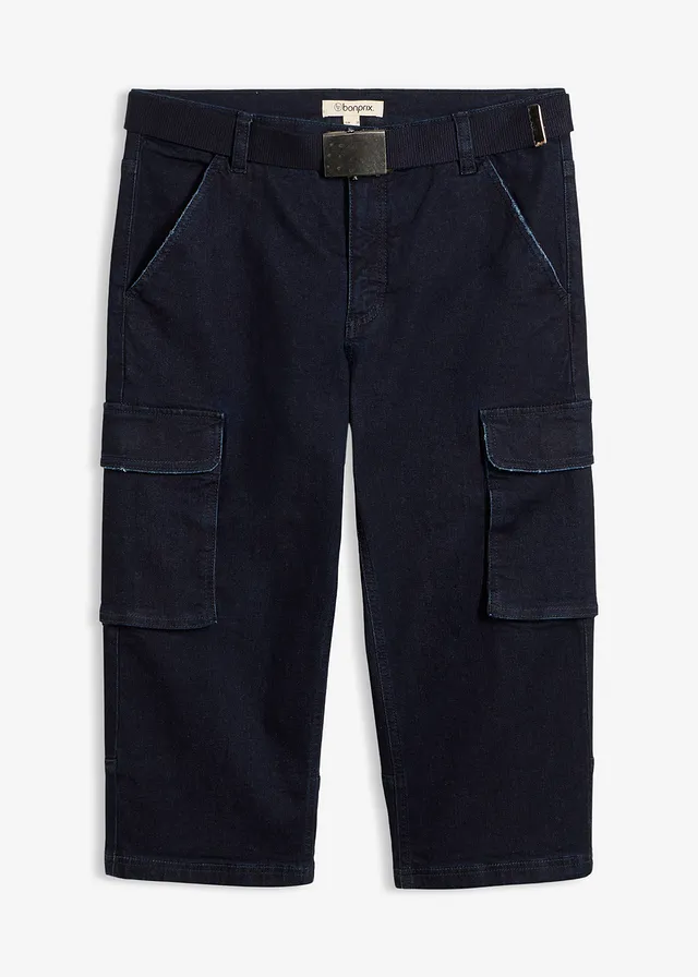 Blugi 3/4 cargo stretch cu curea, Relaxed Fit • bleumarin denim • magazin bonprix