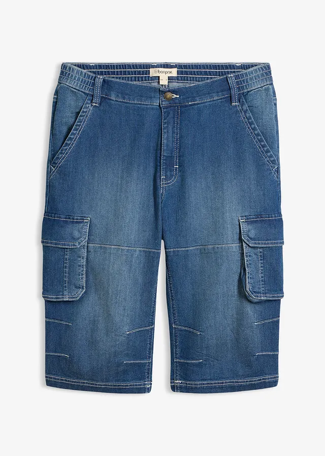 Lichte lange jeansbermuda met elastische tailleband, regular fit