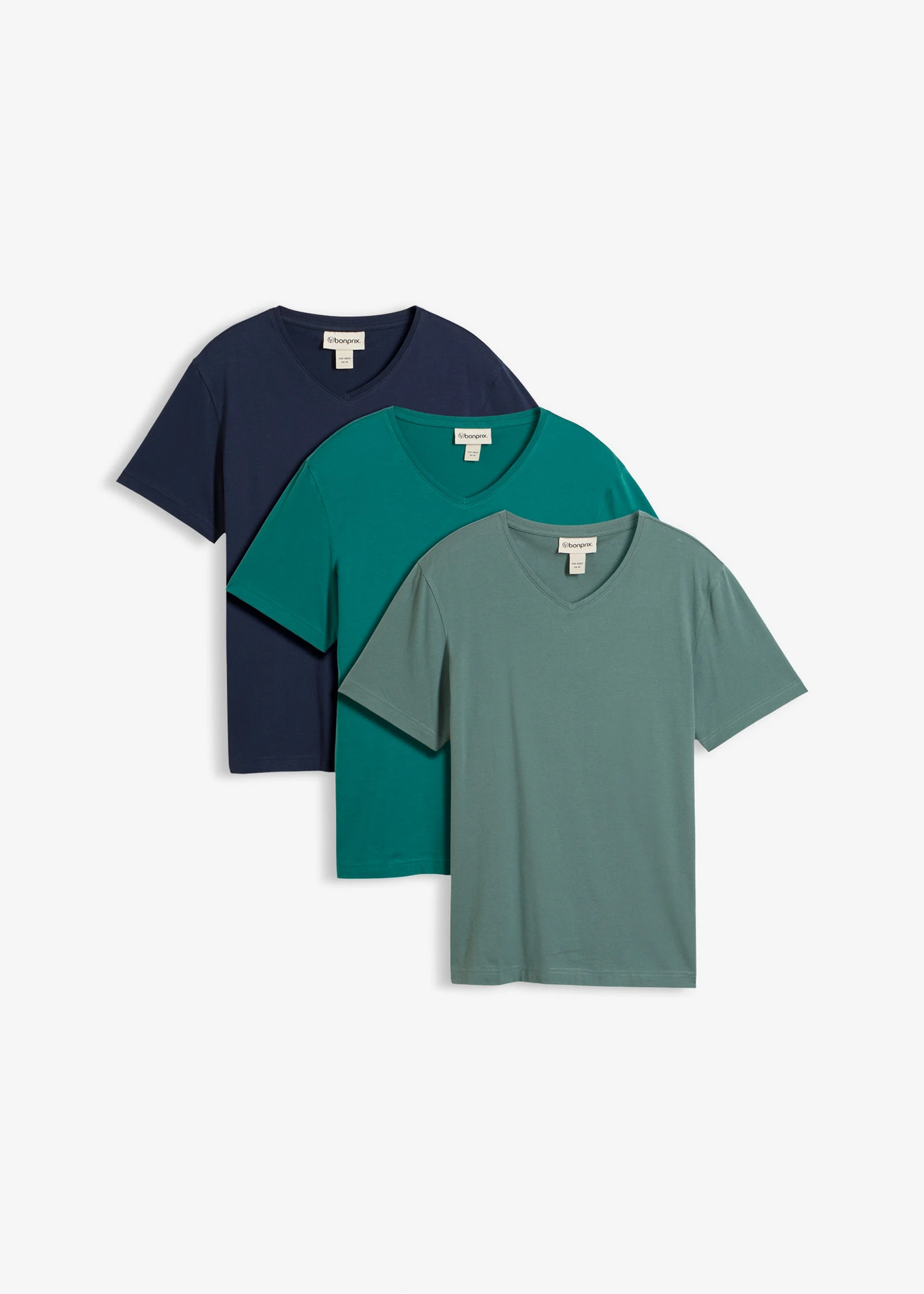 Lot de 3 T-shirts col V • pétrole + gris vert + bleu foncé • Boutique bonprix