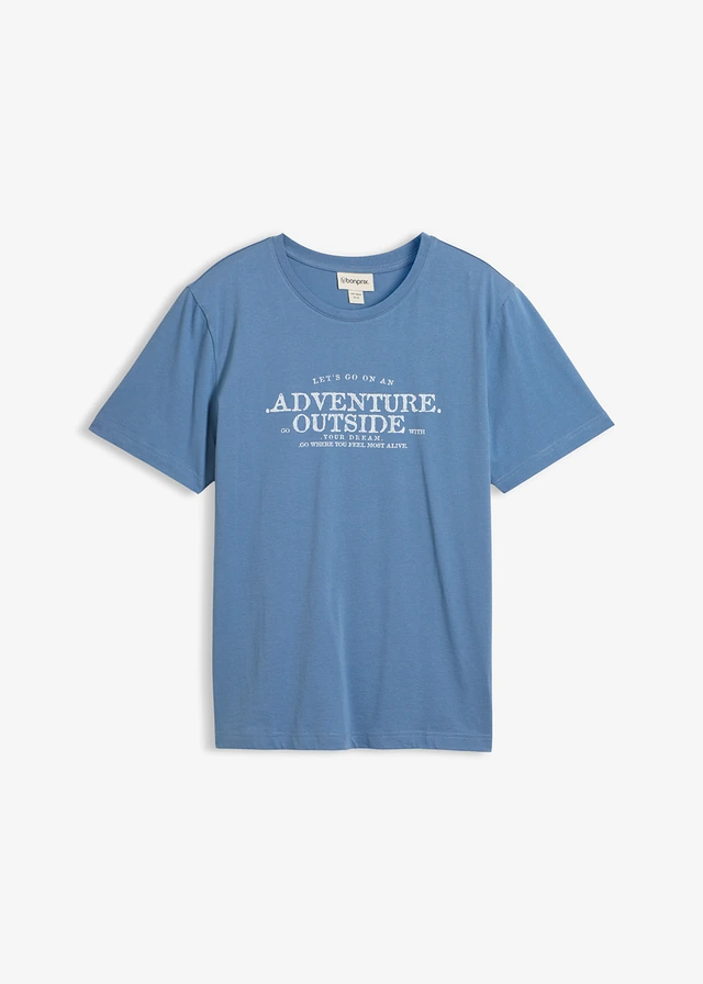 T-shirt 100% coton, Couleur: bleu jean imprimé
