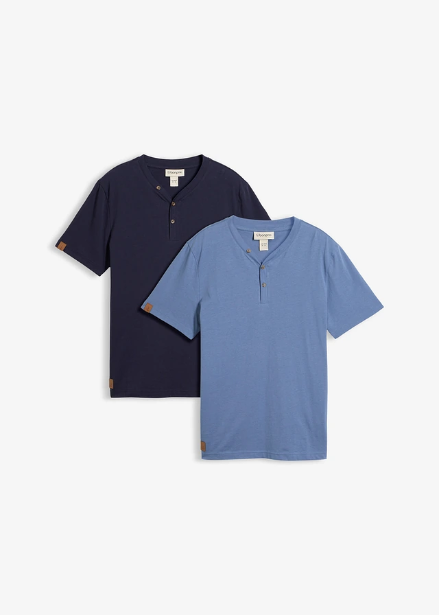 Lot de 2 T-shirts col tunisien 100 % coton, Couleur: bleu jean + bleu foncé