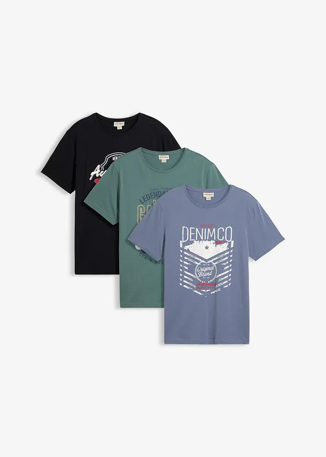 Lot de 3 T-shirts • noir + bleu fumé + gris vert imprimé • Boutique bonprix