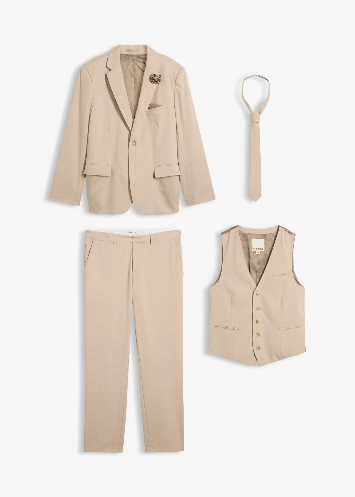 Costume 4 pièces avec gilet sans manches et cravate, regular • marron clair chiné • Boutique bonprix