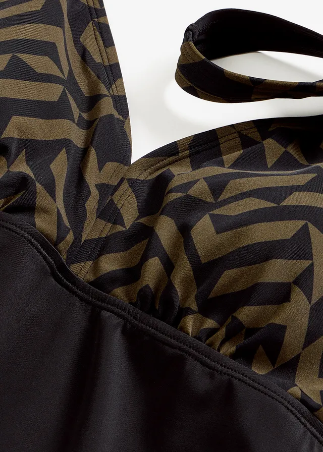 Těhotenské jednodílné plavky s výstřihem do V • černo-tmavě olivová s grafickým vzorem • bonprix obchod