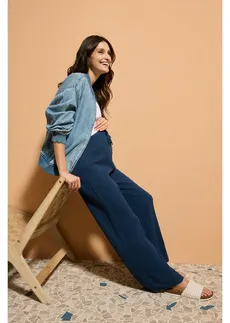 Comfortabele zwangerschapsbroek met elastische tailleband van puur katoenen mousseline diepblauw