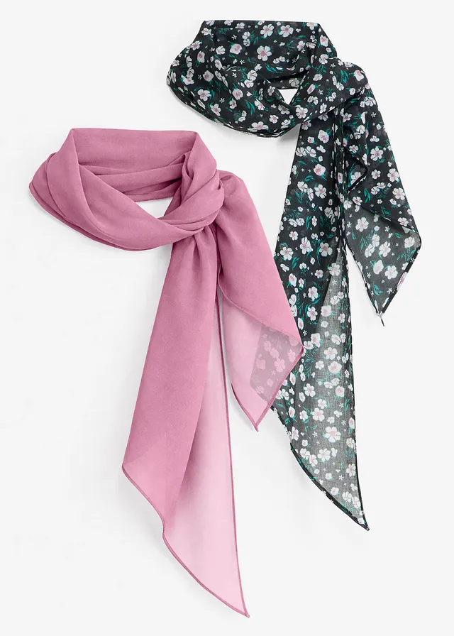Sjaaltje met bloemenprint (set van 2), Kleur: mauve-zwart