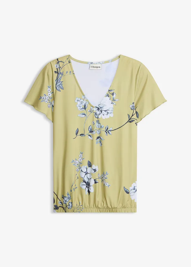 Shirt met elastische zoom, Kleur: cactusgroen gebloemd