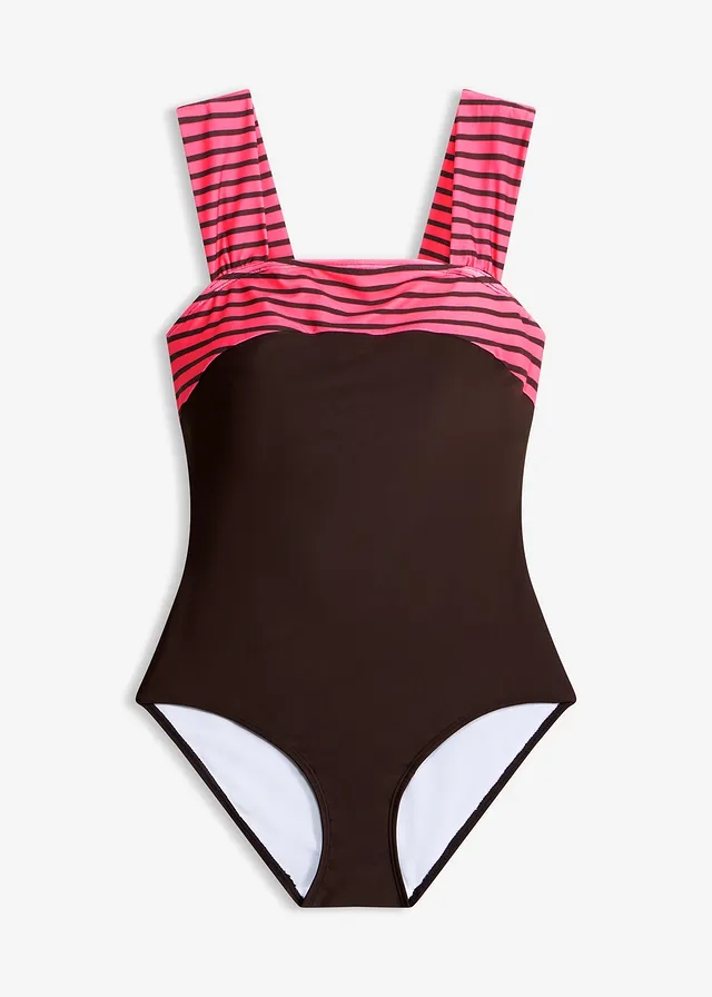 Costum de baie cu efect modelator mediu, cu bretele late • maro închis/mov-afină cu dungi • magazin bonprix