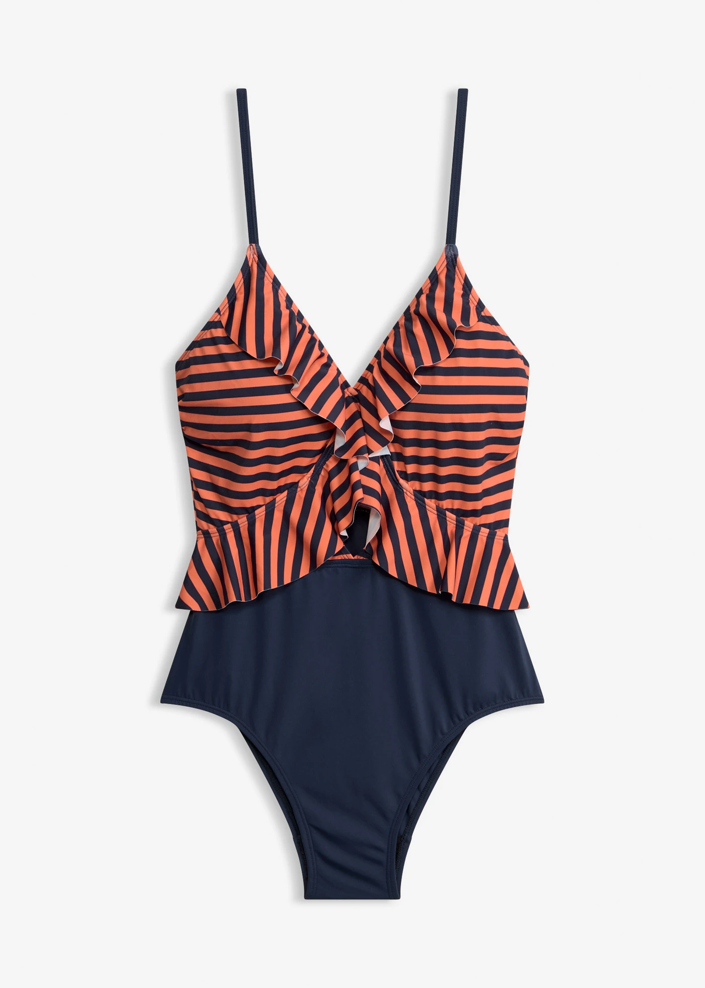 Maillot 1 pièce à volants • corail/bleu foncé rayé • Boutique bonprix