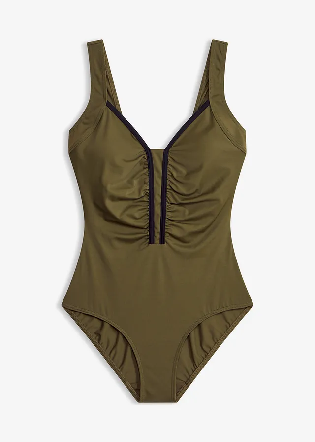 Badpak met paspels, Kleur: donkerolijfgroen/zwart