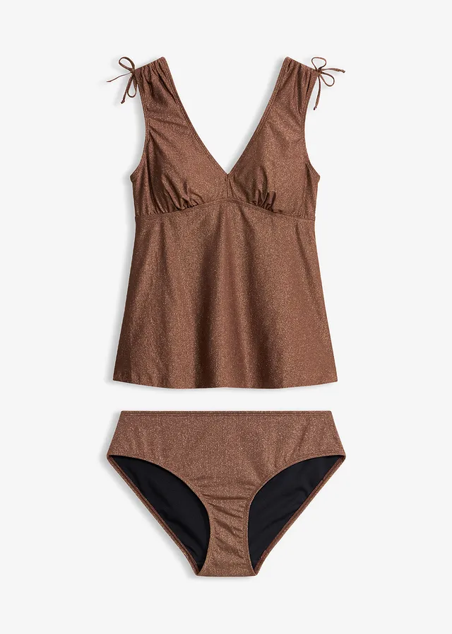 Tankini en matière brillante (ens. 2 pces), Couleur: marron