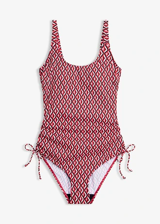 Fürdőruha megkötős pántokkal, szín: salsa vörös grafikai mintás