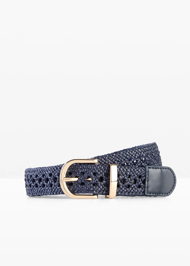 Gevlochten riem met klassieke gesp, Kleur: donkerblauw/goudkleurig