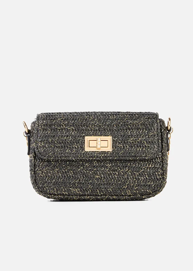 Sac à bandoulière effet paille avec fil brillant, Couleur: noir