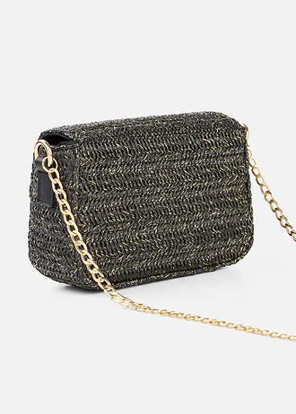 Schoudertas in rieten look met glittergaren, Kleur: zwart