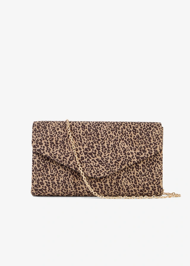 Clutch in suède-look met luipaardprint, Kleur: lichtsand-zwart luipaardprint