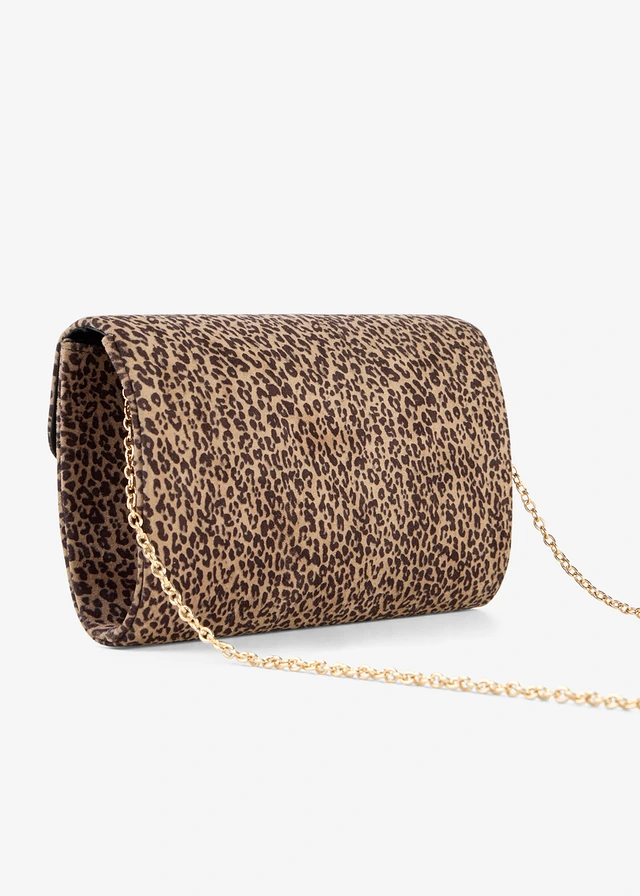 Clutch in suède-look met luipaardprint, Kleur: lichtsand-zwart luipaardprint