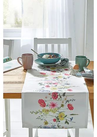 Tafelloper met bloemenprint, Kleur: meerkleurig wit