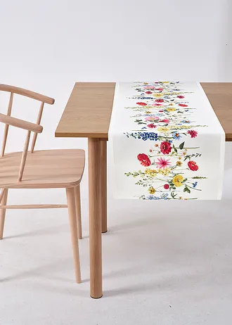 Chemin de table à imprimé floral, Couleur: multicolore-blanc