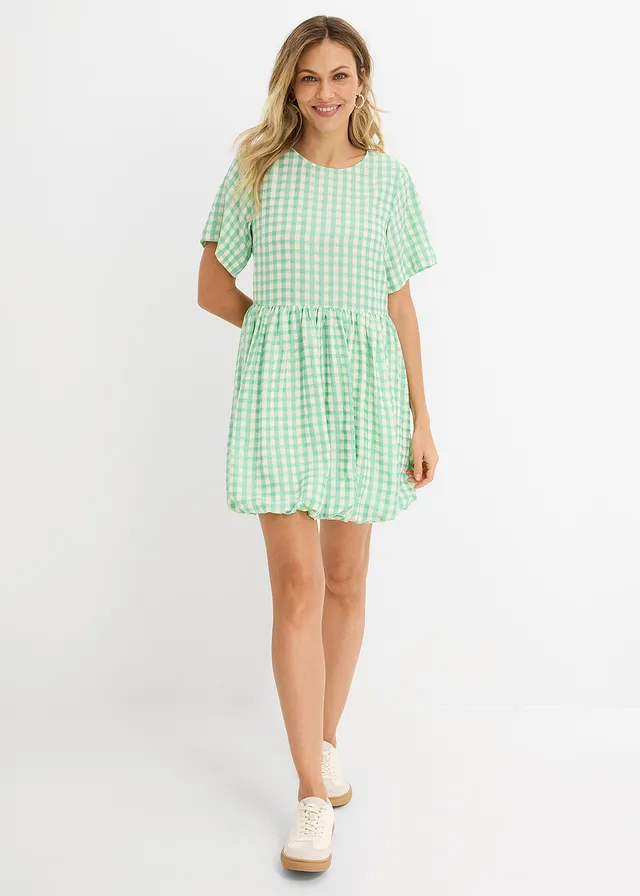 Robe courte base boule, Couleur: vert-blanc carreaux