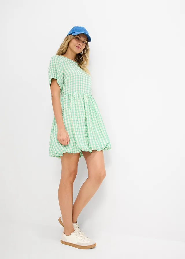 Robe courte base boule, Couleur: vert-blanc carreaux