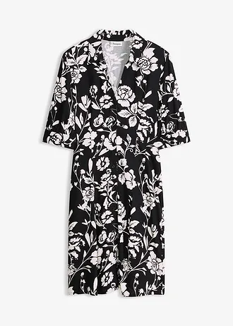 Rochie cu guler de cămașă, din viscoză vaporoasă • negru-ecru înflorat • magazin bonprix