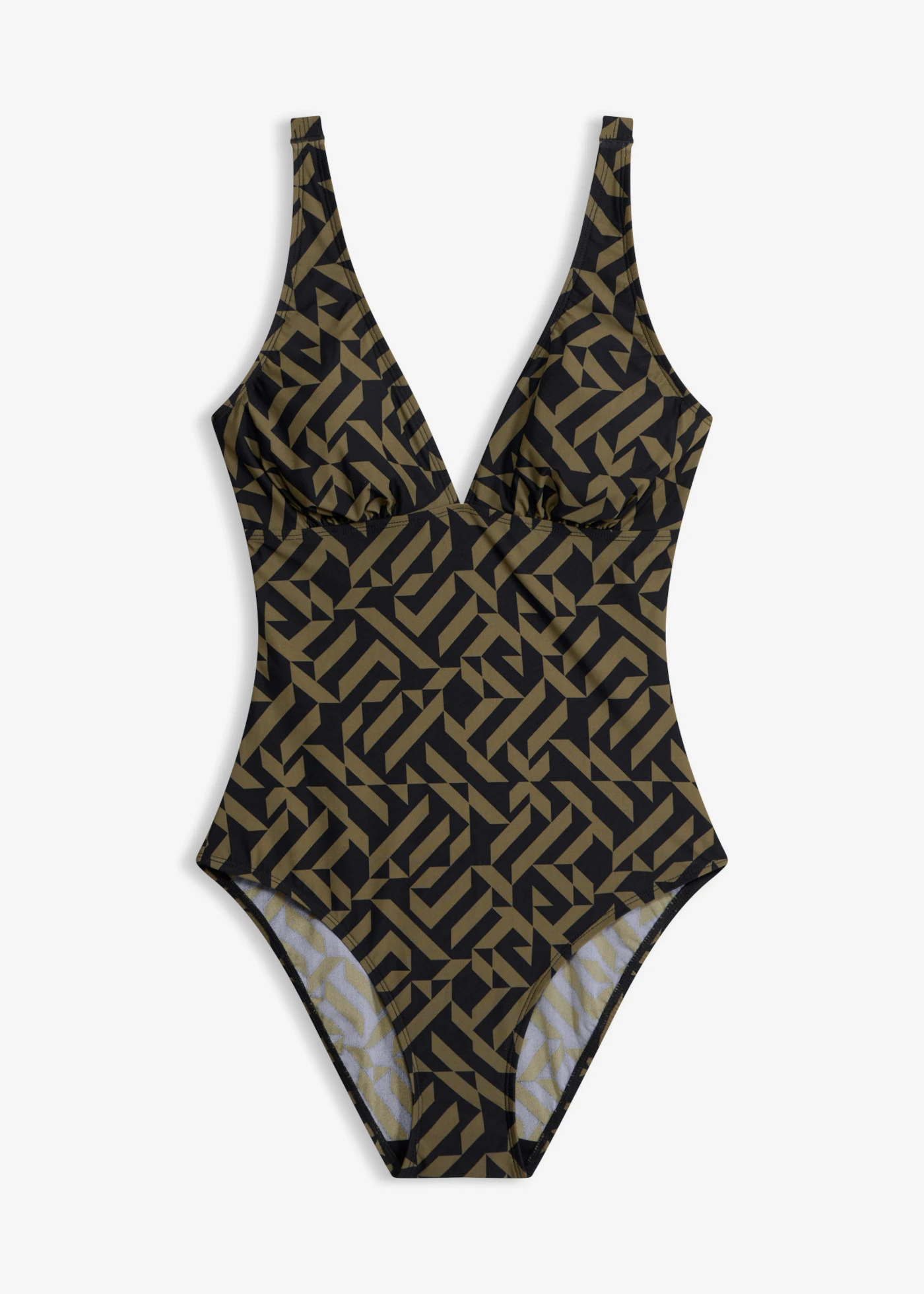 Maillot 1 pièce sculptant à col en V, maintien léger • noir/olive foncé graphique • Boutique bonprix