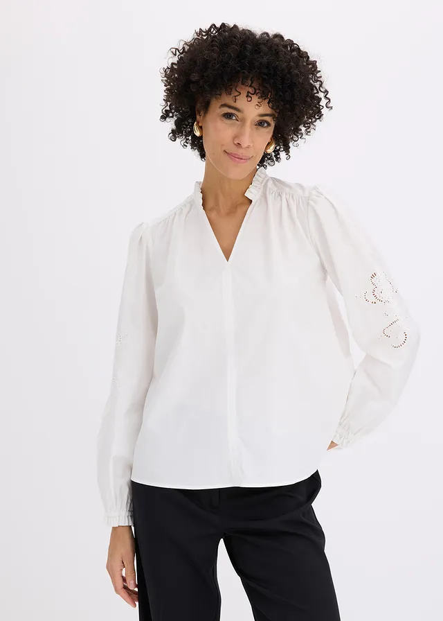 Katoenen tuniek met broderie anglaise, Kleur: wolwit