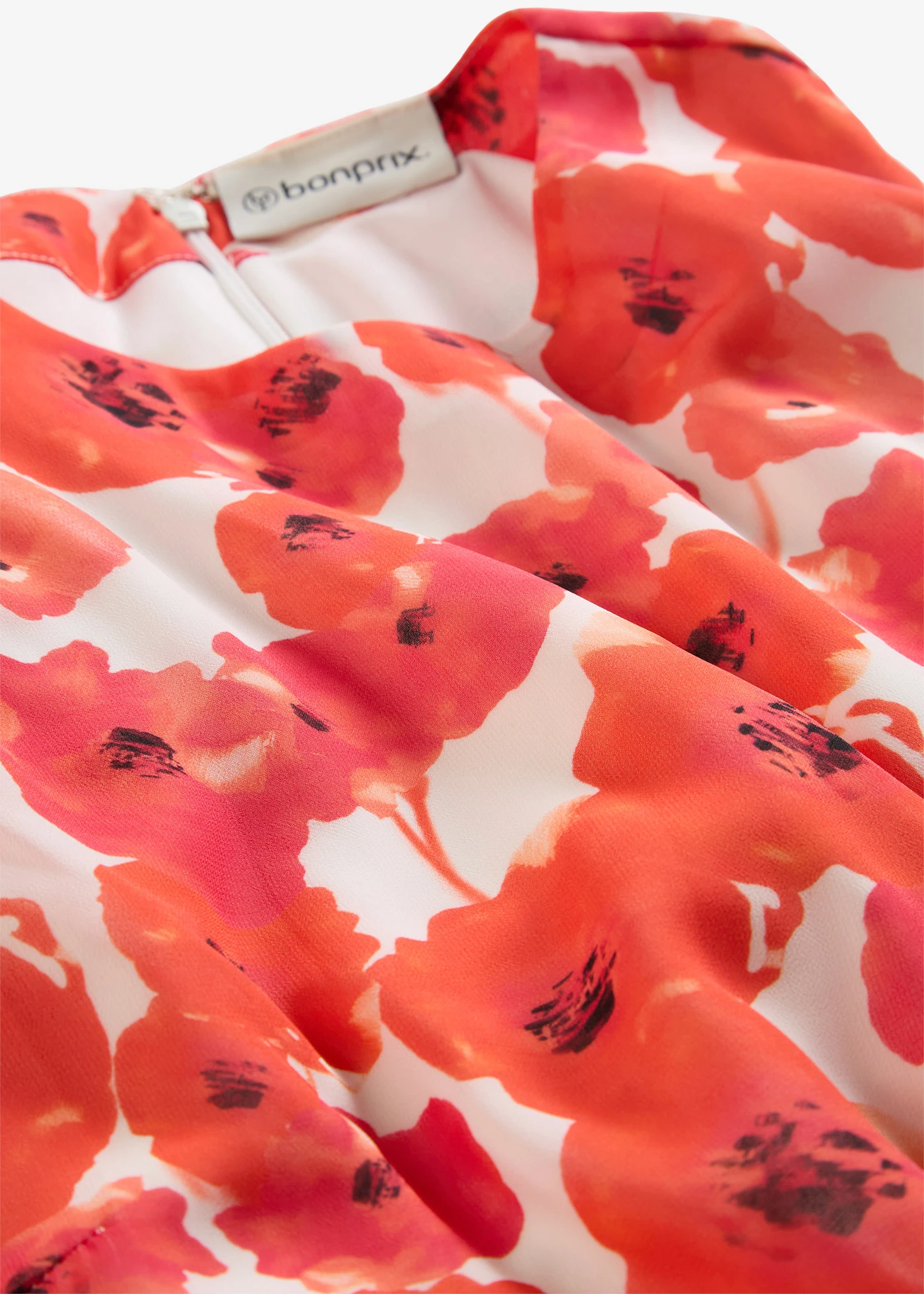 Lange chiffonjurk • wolwit/aardbeirood gebloemd • bonprix online shop