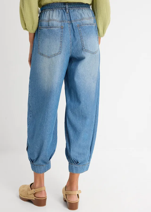 Jean barrel taille mi-haute élastiquée, Couleur: bleu clair denim used