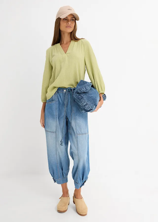 Jean barrel taille mi-haute élastiquée, Couleur: bleu clair denim used