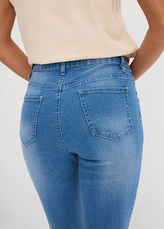 Jeansy ze stretchem, skinny, high waist, cropped • jasnoniebieski denim "used" • sklep bonprix