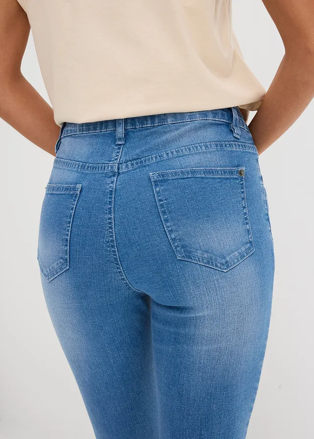 Jeansy ze stretchem, skinny, high waist, cropped • jasnoniebieski denim "used" • sklep bonprix