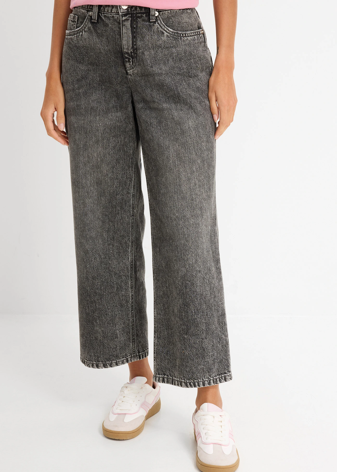 Džíny Loose Straight, Mid Waist, zkrácené • světle šedý denim used • bonprix obchod