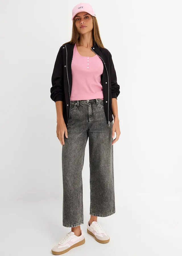Loose straight jeans mid waist, cropped, Kleur: lichtgrijs denim used
