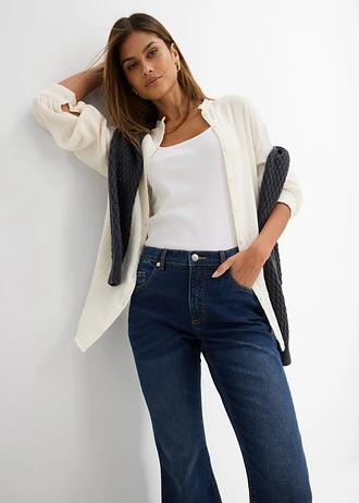 Jeansy flared, high waist, cropped • niebieski denim "used" • sklep bonprix