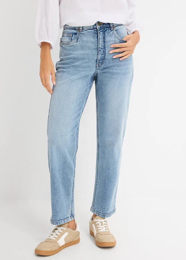 Jean droit loose taille haute, cropped, Couleur: bleu clair denim used