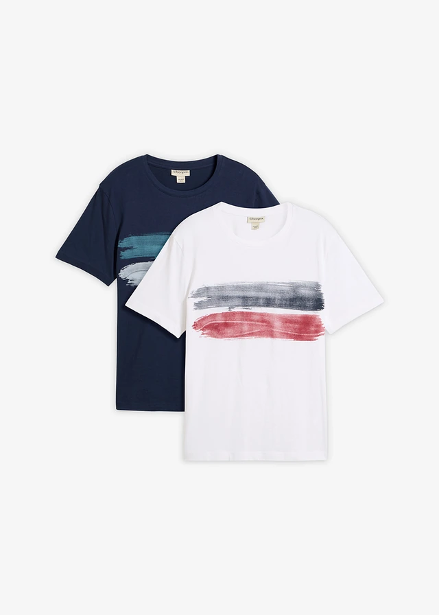 Lot de 2 T-shirts 100% coton, Couleur: bleu foncé-blanc imprimé