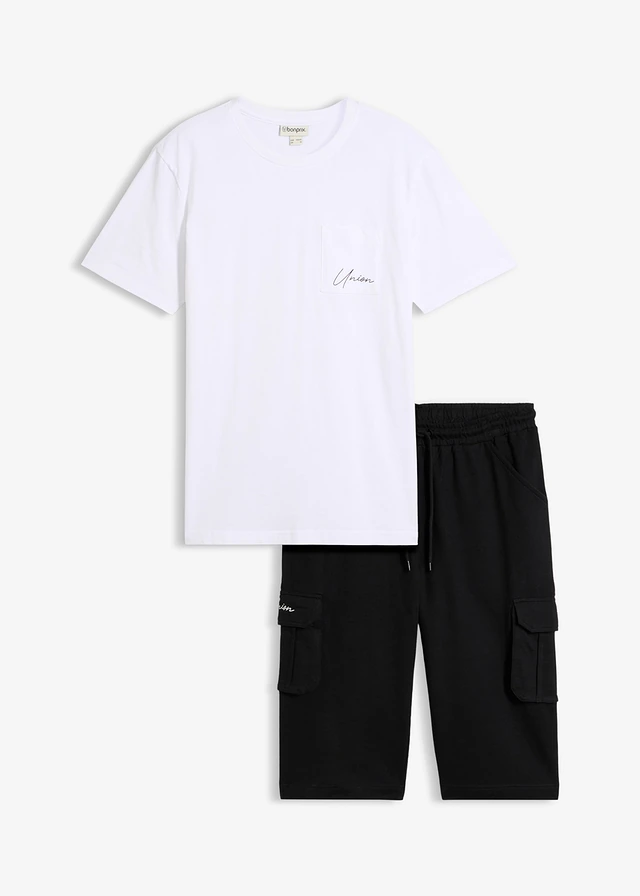 T-shirt et bermuda long cargo 100% coton (ens. 2 pces), Couleur: noir + blanc
