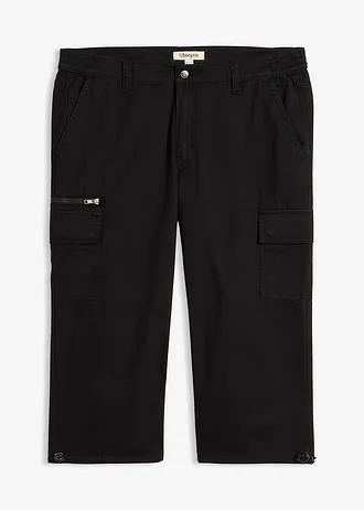 Pantalon 3/4 100% coton, taille élastiquée et poches cargo, Couleur: noir