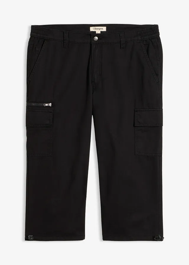 3/4 cargobroek met elastische tailleband van puur katoen, Kleur: zwart
