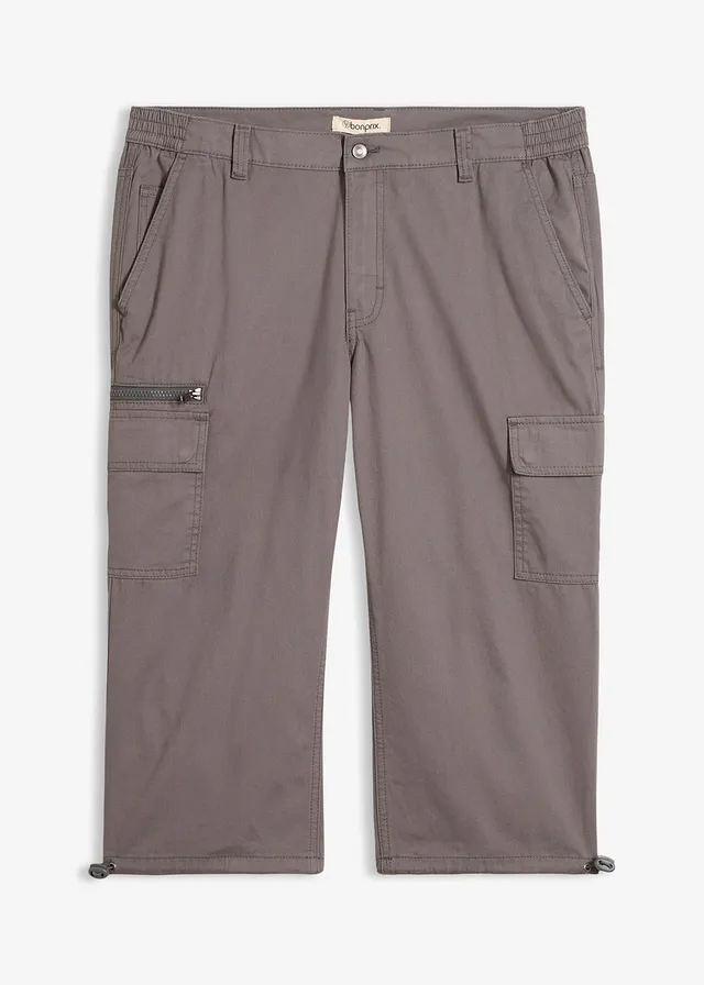 3/4 cargobroek met elastische tailleband van puur katoen, Kleur: rookgrijs