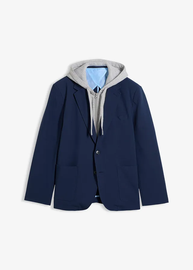 2-in-1 colbert met afneembare capuchon, Kleur: donkerblauw-lichtgrijs gemêleerd