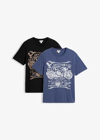 T-shirt van puur katoen (set van 2), Kleur: zwart+indigo met print