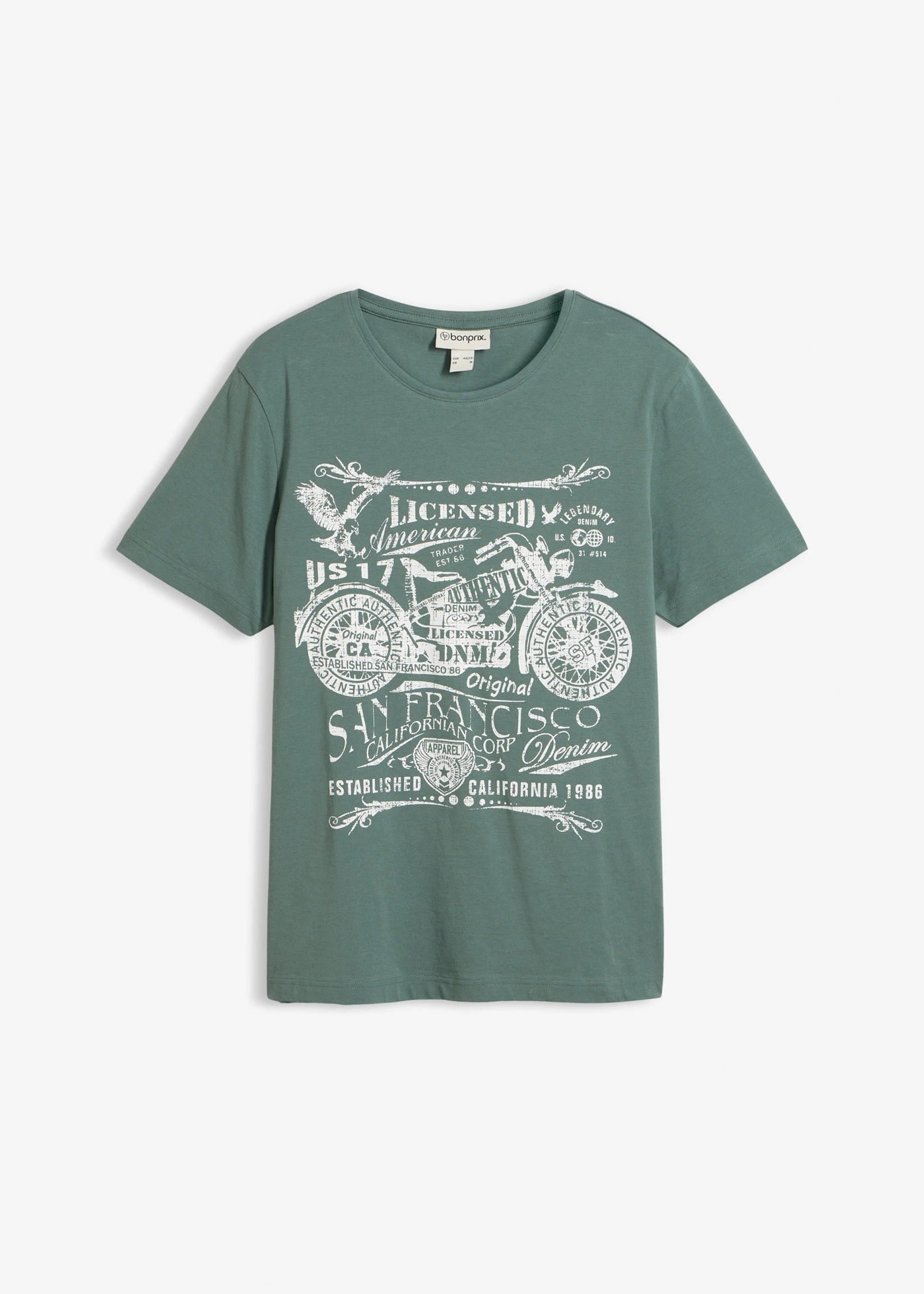 T-shirt z czystej bawełny • szarozielony z nadrukiem • sklep bonprix