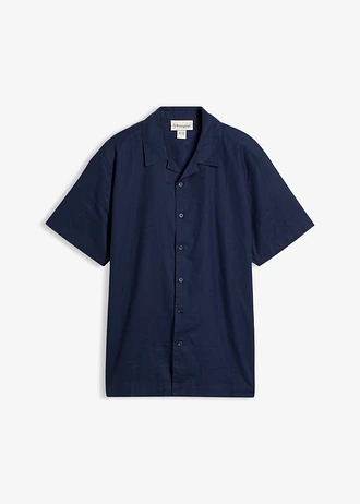 Overhemd met linnen en korte mouwen, loose fit, Kleur: donkerblauw